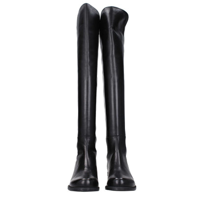 Stuart Weitzman Black Leather Over The Knee boots with vintage effect, round toe, low flat heel, rubber sole, casual style.