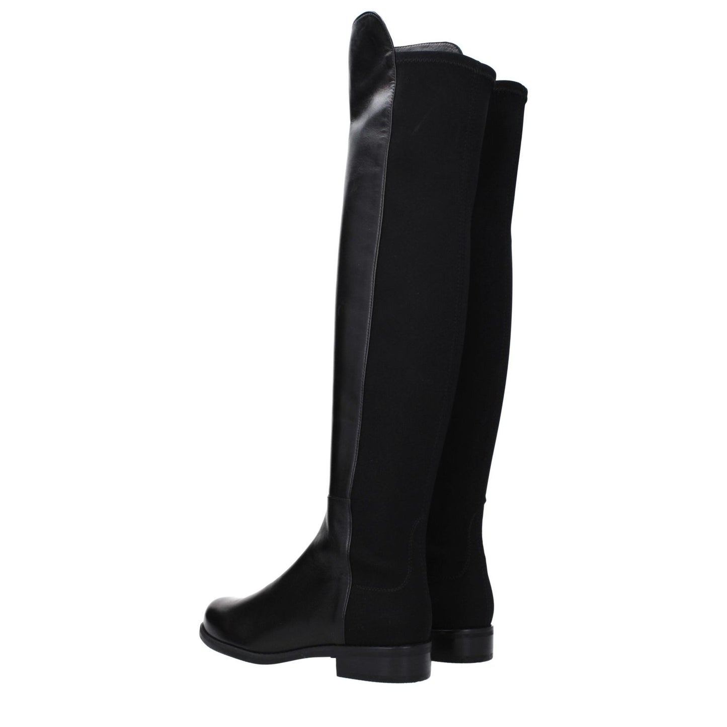 Stuart Weitzman Black Leather Over The Knee boots, vintage effect, casual style, black leather with rubber soles, round toe, low flat heel.