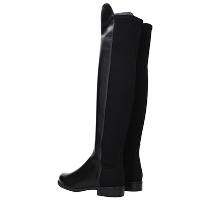 Stuart Weitzman Black Leather Over The Knee boots, vintage effect, casual style, black leather with rubber soles, round toe, low flat heel.