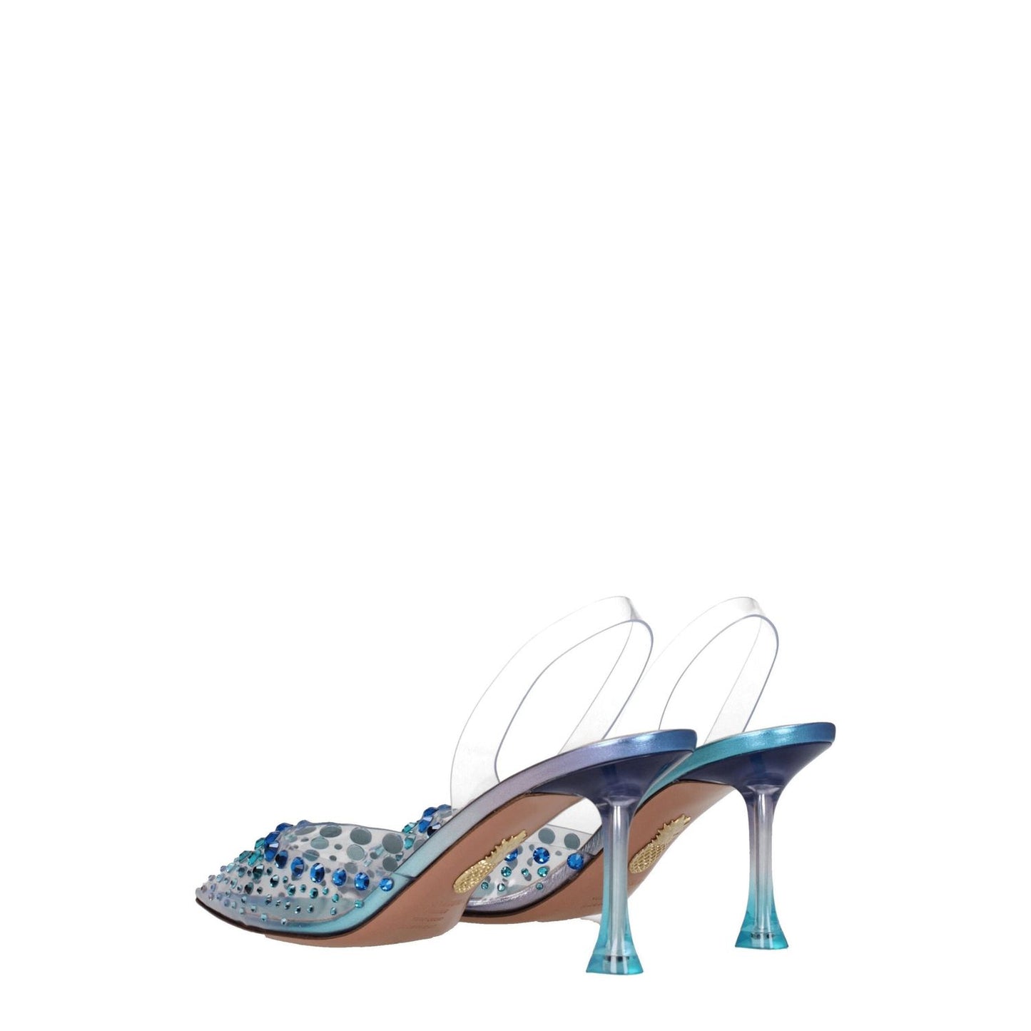 Aquazzura Transparent Pvc Stiletto Heel Sandals with rhinestone design and leather sole, featuring a 7.5 cm mid-height sky-colored heel.