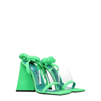 The Attico Transparent Leather Flat Sandals in fluo green suede with self-tie closures and high heels, featuring a round toe design.