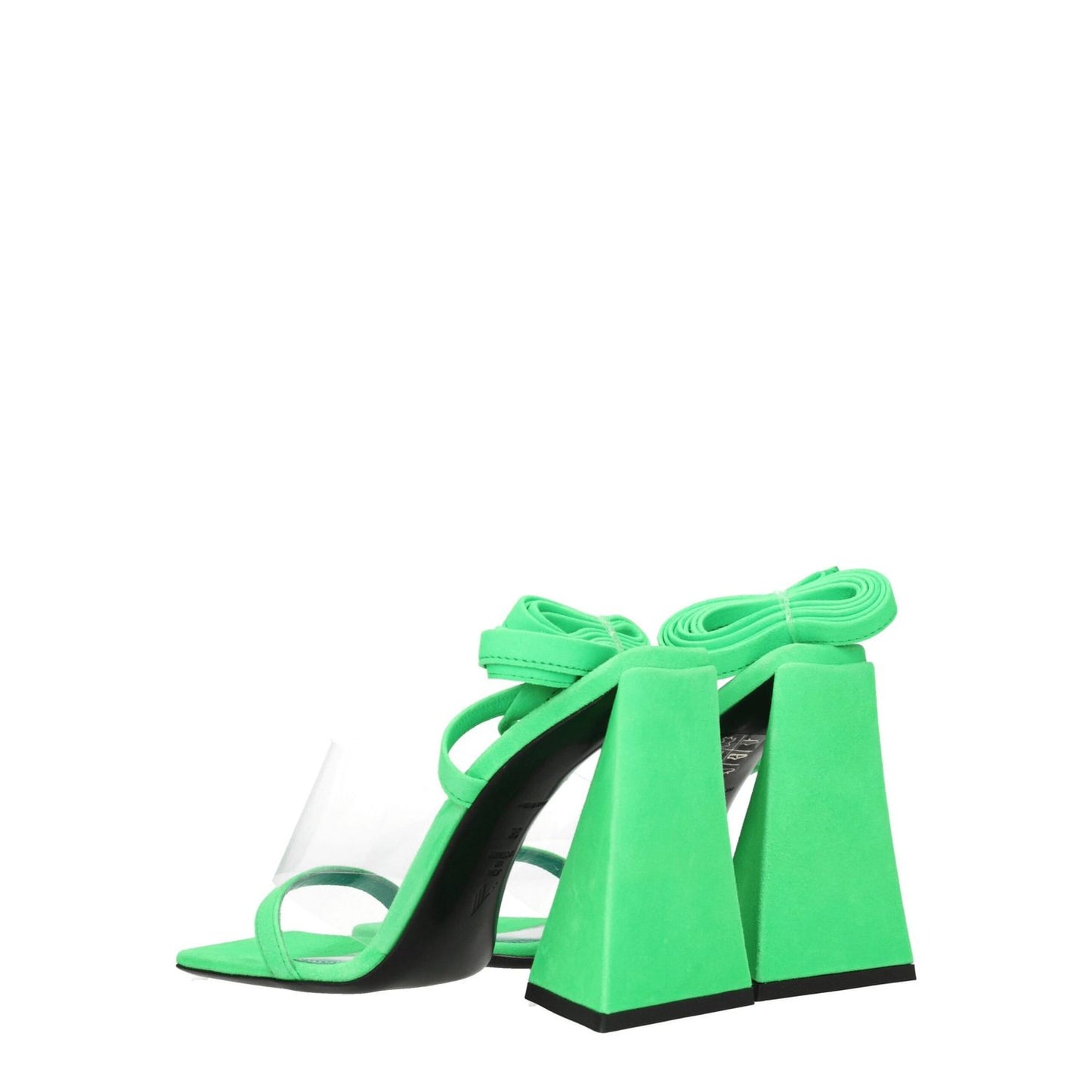 The Attico Transparent Leather Flat Sandals with fluo green suede, high heel, self-tie closure, and round toe design.