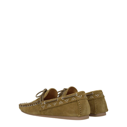 Isabel Marant Green Leather Slip-On Loafers with studs and vintage effect, round toe, low heel in suede, casual style, rear view