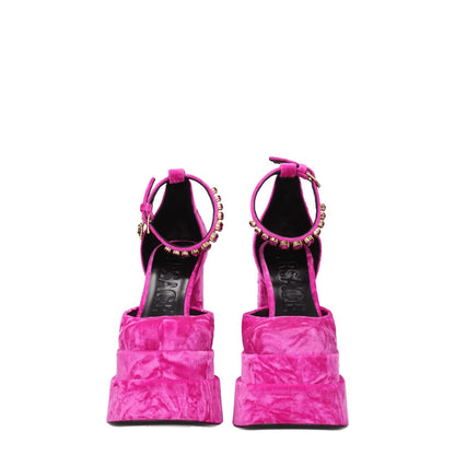 Versace Pink Velvet Platform Sandals with rhinestones, square toe, buckle closure, and high heel, MPN 10020051A064651PK3V. Casual style.