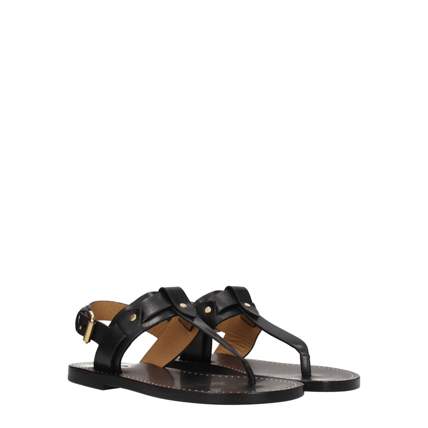 Isabel Marant Black Leather Flip-Flop Sandals with gold studs, casual style, buckle closure, open toe, low heel, leather sole.