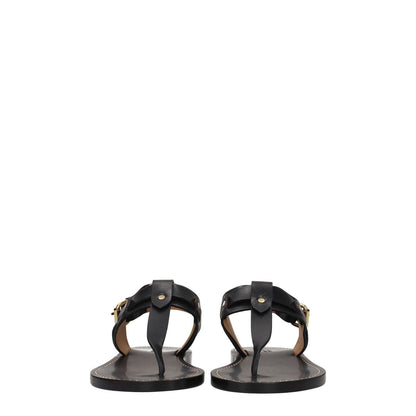 Isabel Marant Black Leather Flip-Flop Sandals with studs and buckle closure, casual style, open toe, low flat heel, back view.