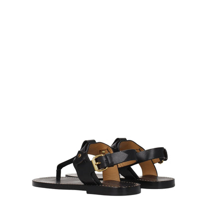 Isabel Marant Black Leather Flip-Flop Sandals with gold studs and buckle closure, featuring a low flat heel and open toe design.