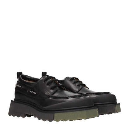 Off-White Black Leather Slip-On Loafers with vintage effect, lace-up style, rubber sole, mid heels, and military green details.