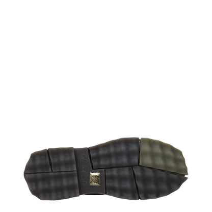 Sole view of Off-White Black Leather Slip-On Loafers with rubber material and military green accents, showing unique tread design.