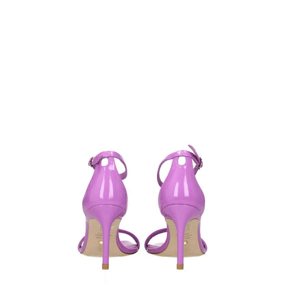 Stuart Weitzman Purple Leather Stiletto Heel Sandals with buckle closure and open toe design, back view.