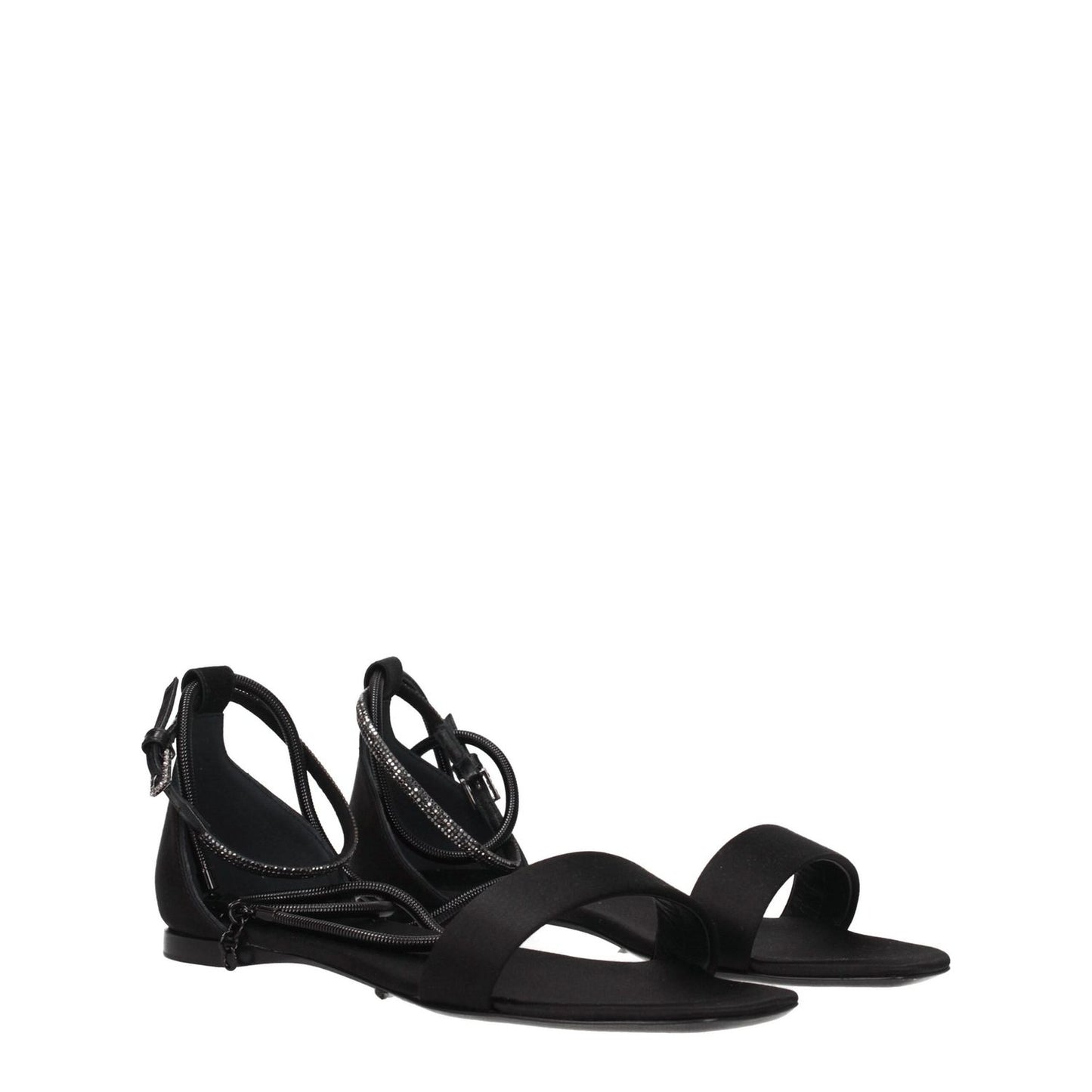 Max Mara Black Satin Flat Sandals with low heel, open toe, and buckle closure, crafted with leather sole for casual wear. MPN: ELI23452123316001