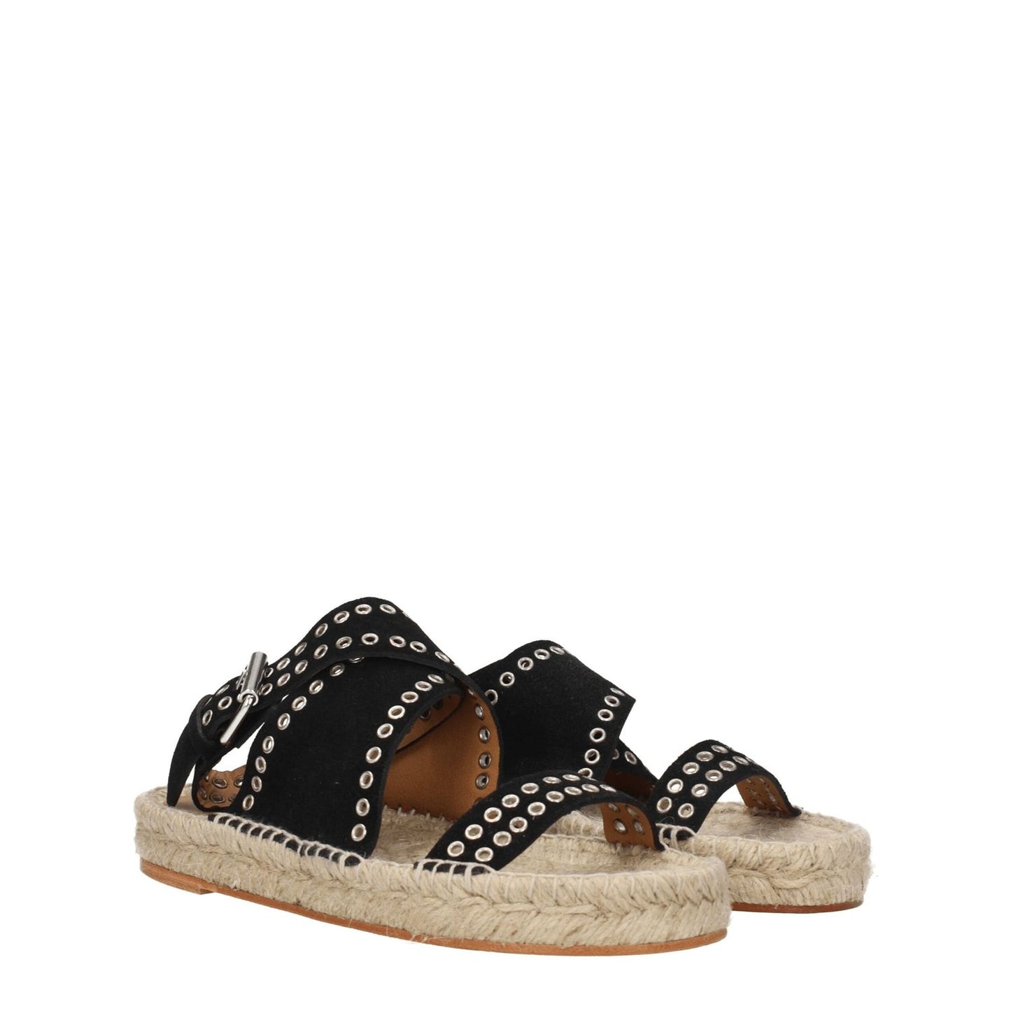 Isabel Marant Black Leather Flat Sandals with studs and buckle closure, showcasing vintage and aged effects, open toe design.