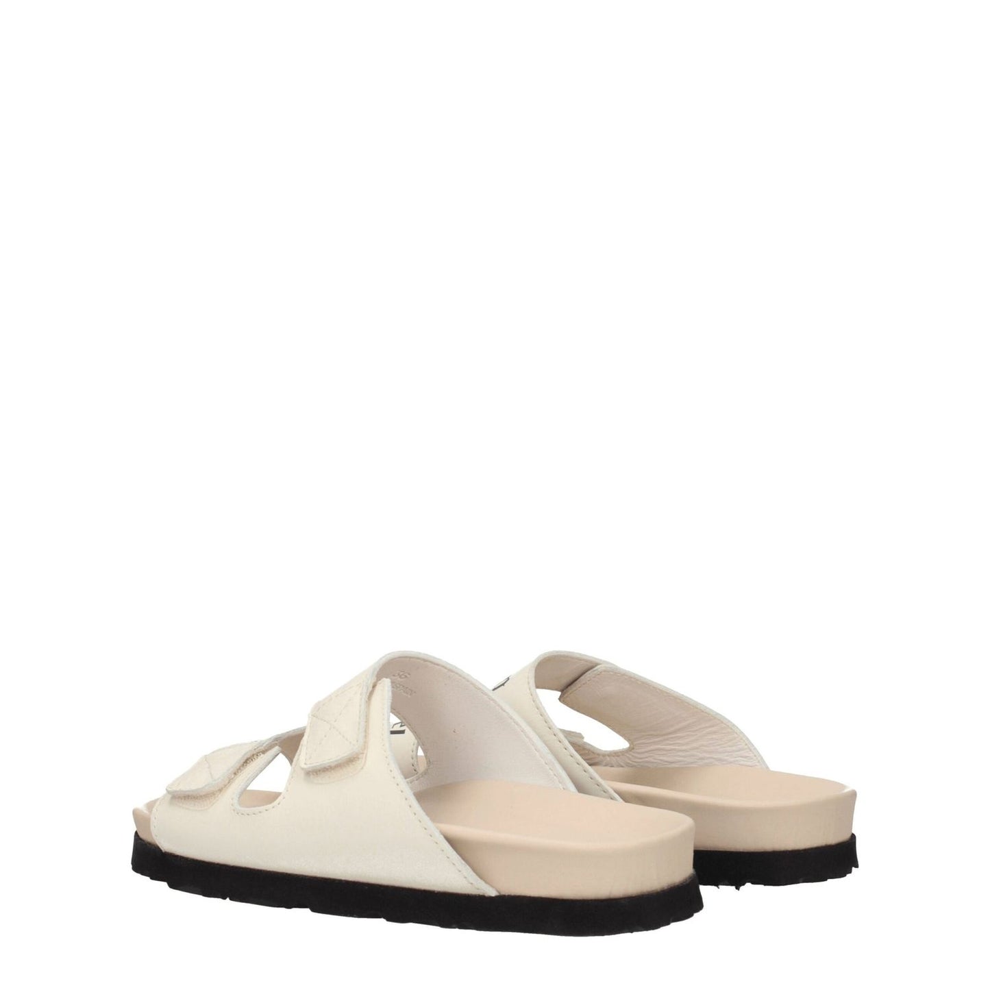 Back view of Palm Angels Beige Leather Flat Sandals with strap closure and open toe design, featuring black rubber soles.