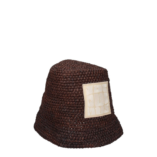 Jacquemus Brown Raffia Bucket Hat with front logo in dark brown raffia, casual style