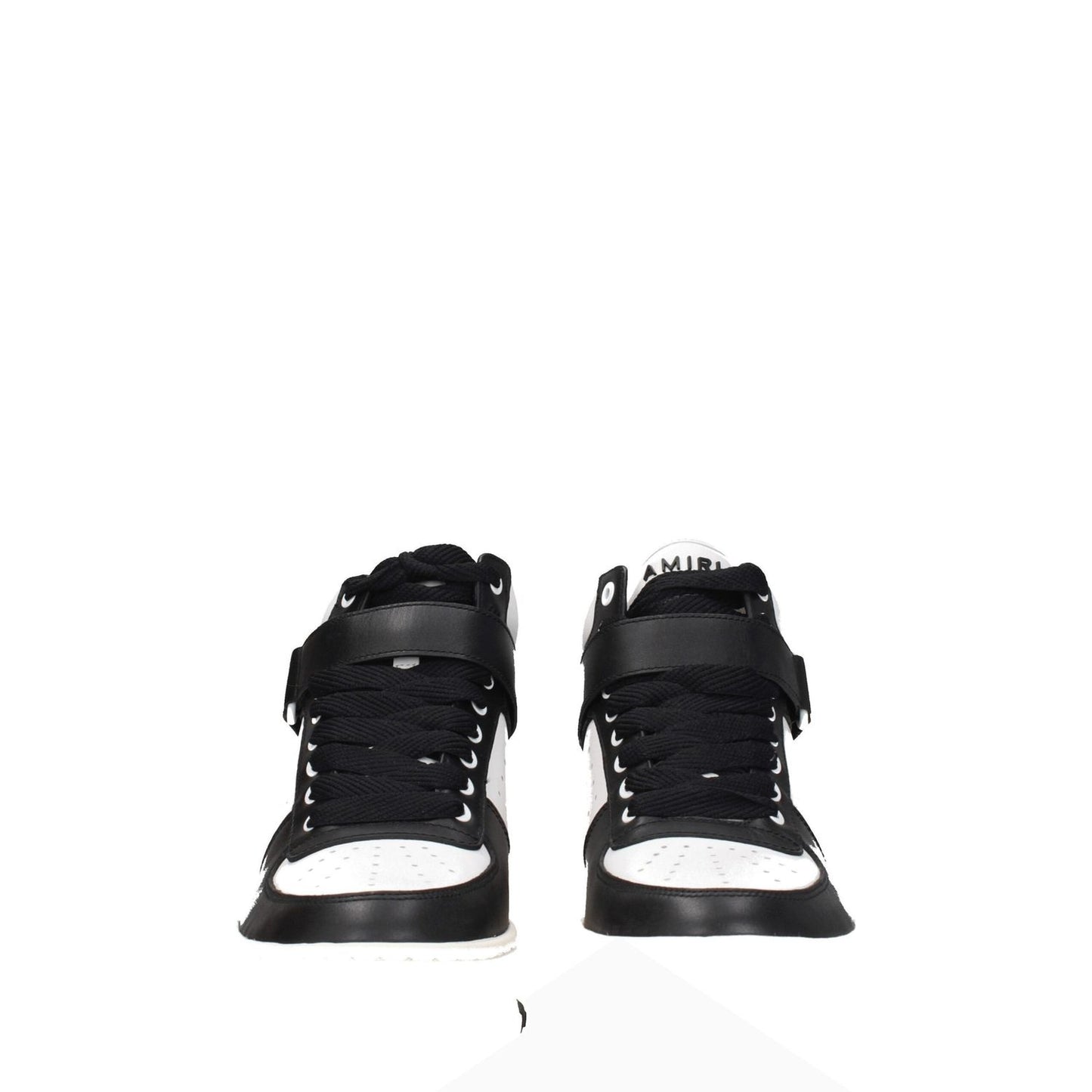 Amiri Black Leather High Top Sneakers with front and back logo, lace-up closure, leather material, and rubber wedge sole.