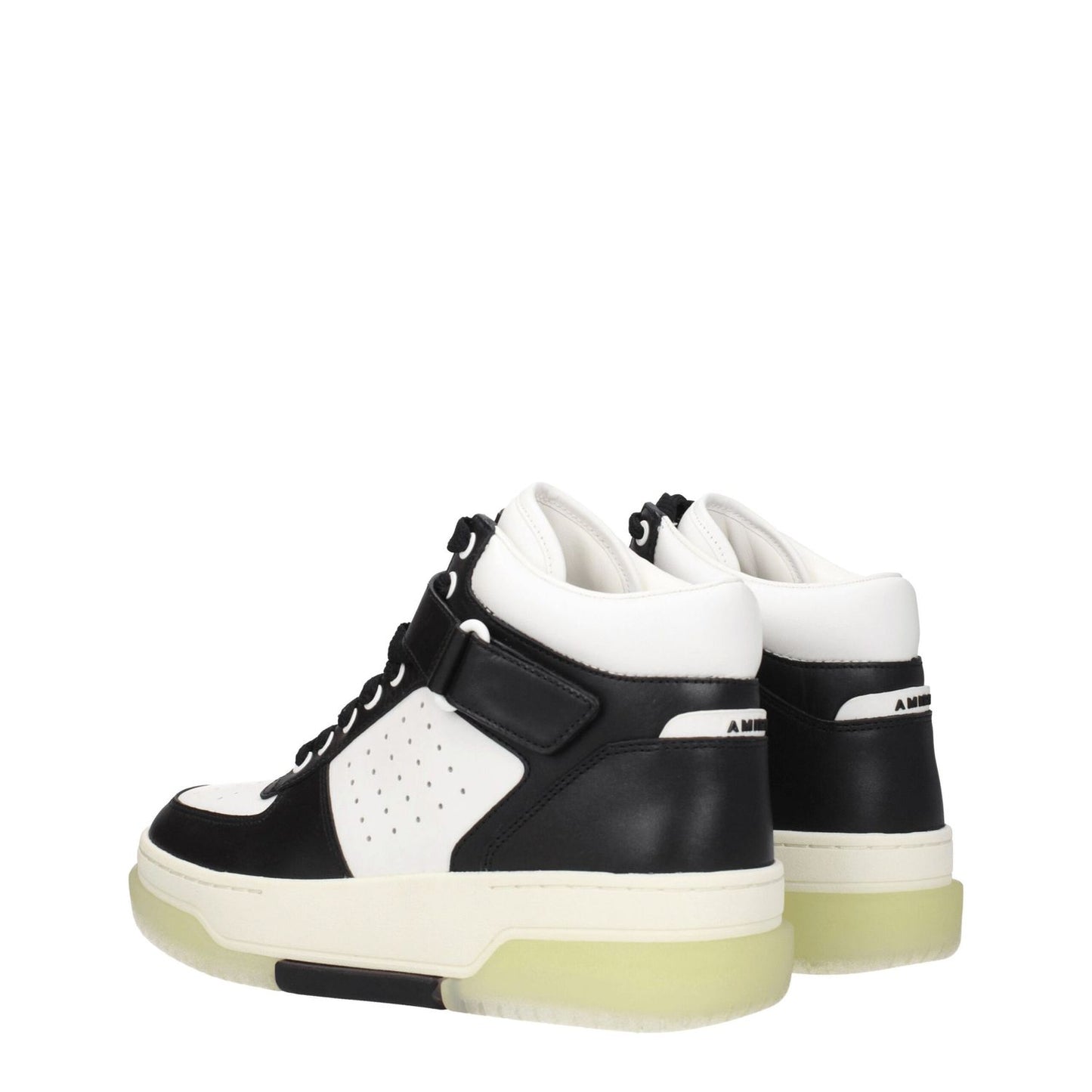 Amiri Black Leather High Top Sneakers with white accents, featuring logos, lace-up closure, rubber sole, and wedge heel.