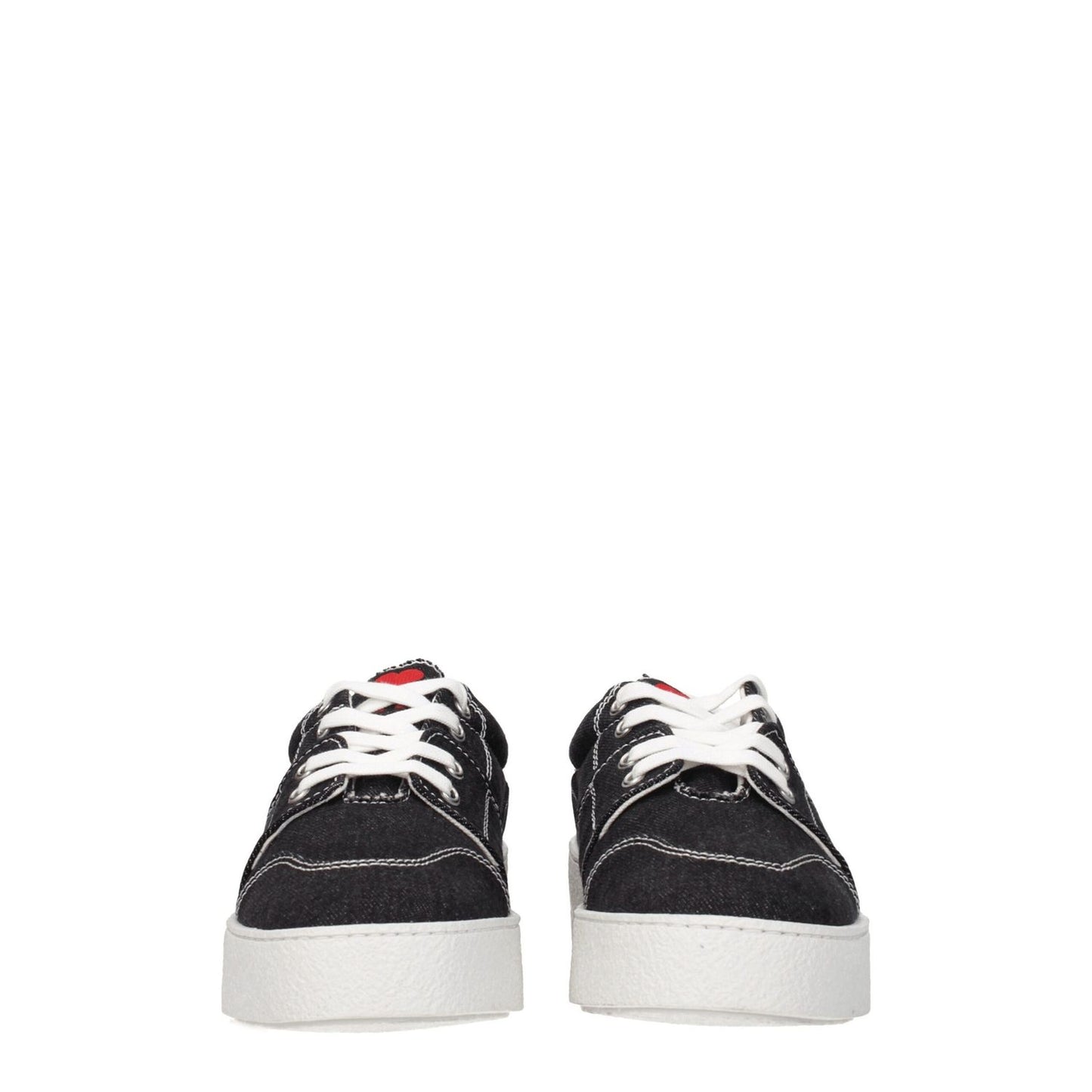 Ami Paris Black Fabric Low Top Sneakers with lace-up closure, mid heels, and rubber sole, featuring a round toe and back logo detail.