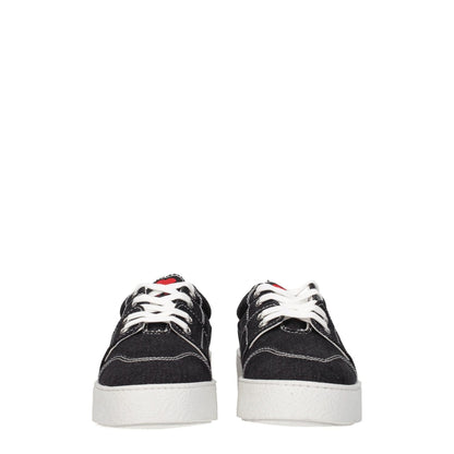 Ami Paris Black Fabric Low Top Sneakers with lace-up closure, mid heels, and rubber sole, featuring a round toe and back logo detail.