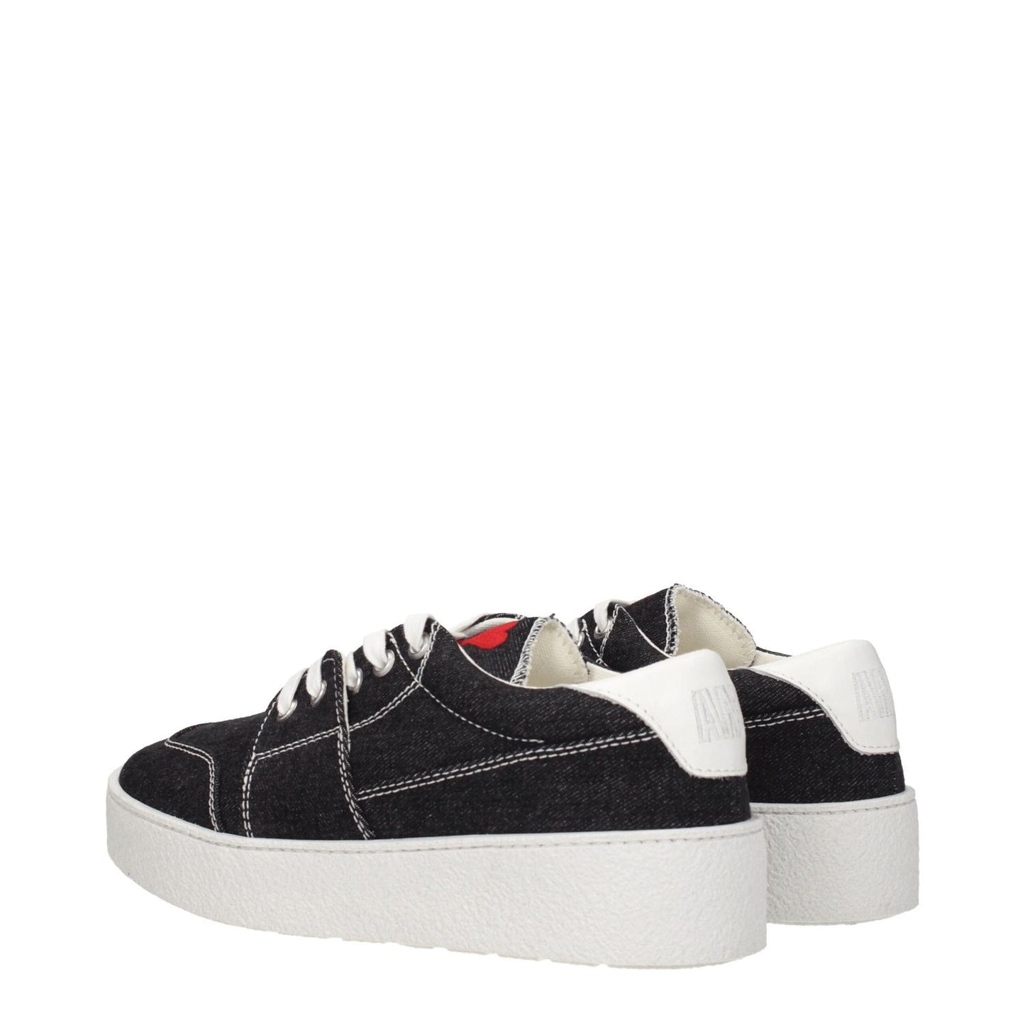 Ami Paris Black Fabric Low Top Sneakers with white soles, featuring a lace-up closure, round toe, and mid heels. Casual style.