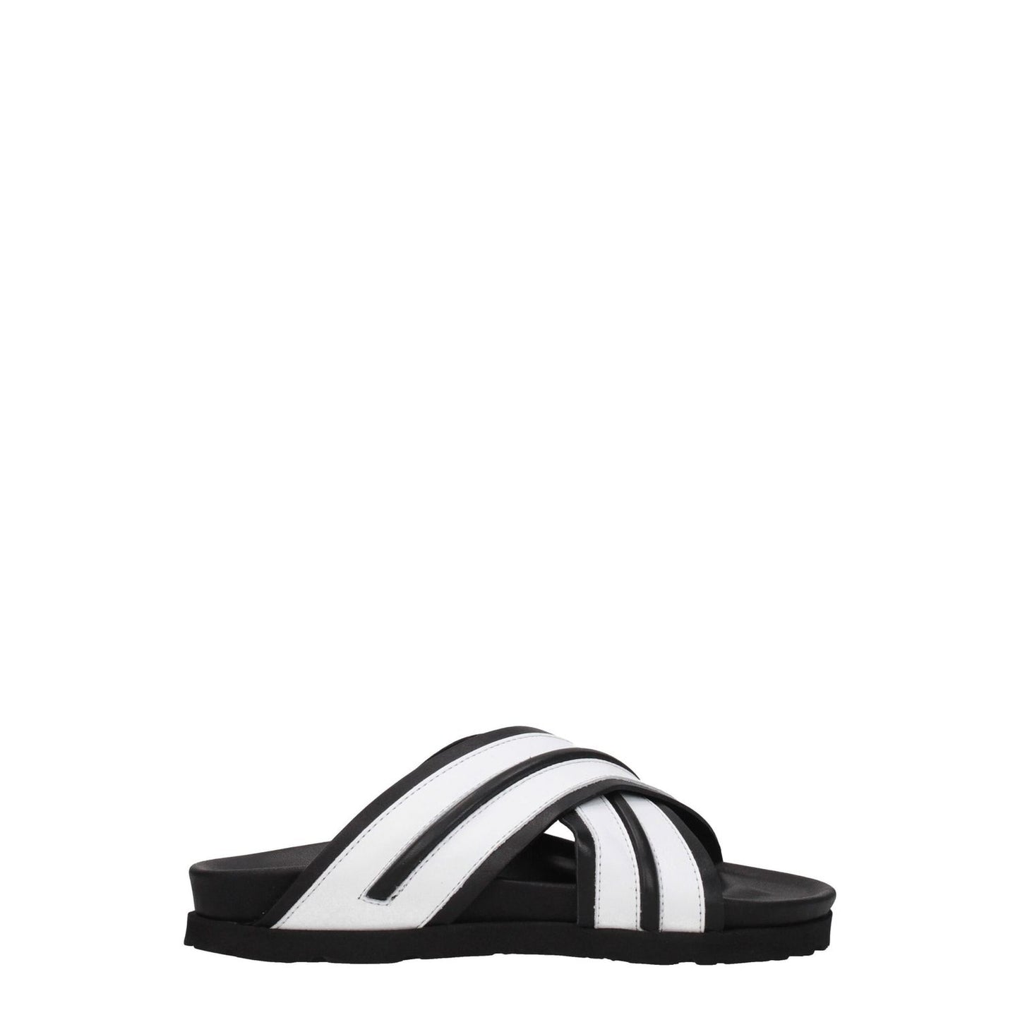 Palm Angels White Leather Slippers with open toe and black rubber sole, casual style footwear for comfort and elegance.