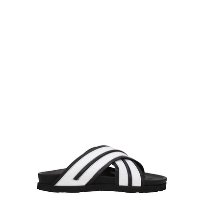 Palm Angels White Leather Slippers with open toe and black rubber sole, casual style footwear for comfort and elegance.