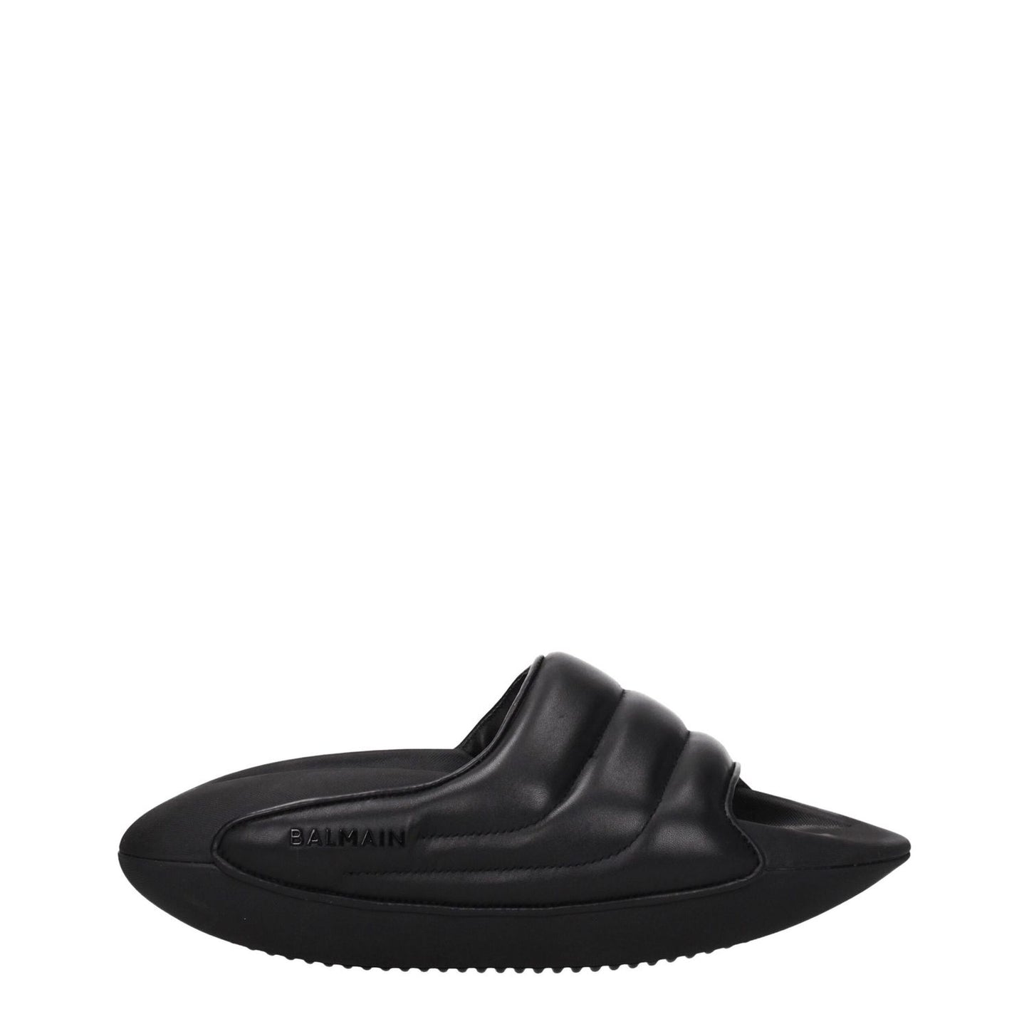 Balmain Black Leather Slippers with side logo, rubber sole, mid heels, and open toe design, MPN VL299LPQP0PA, casual style.