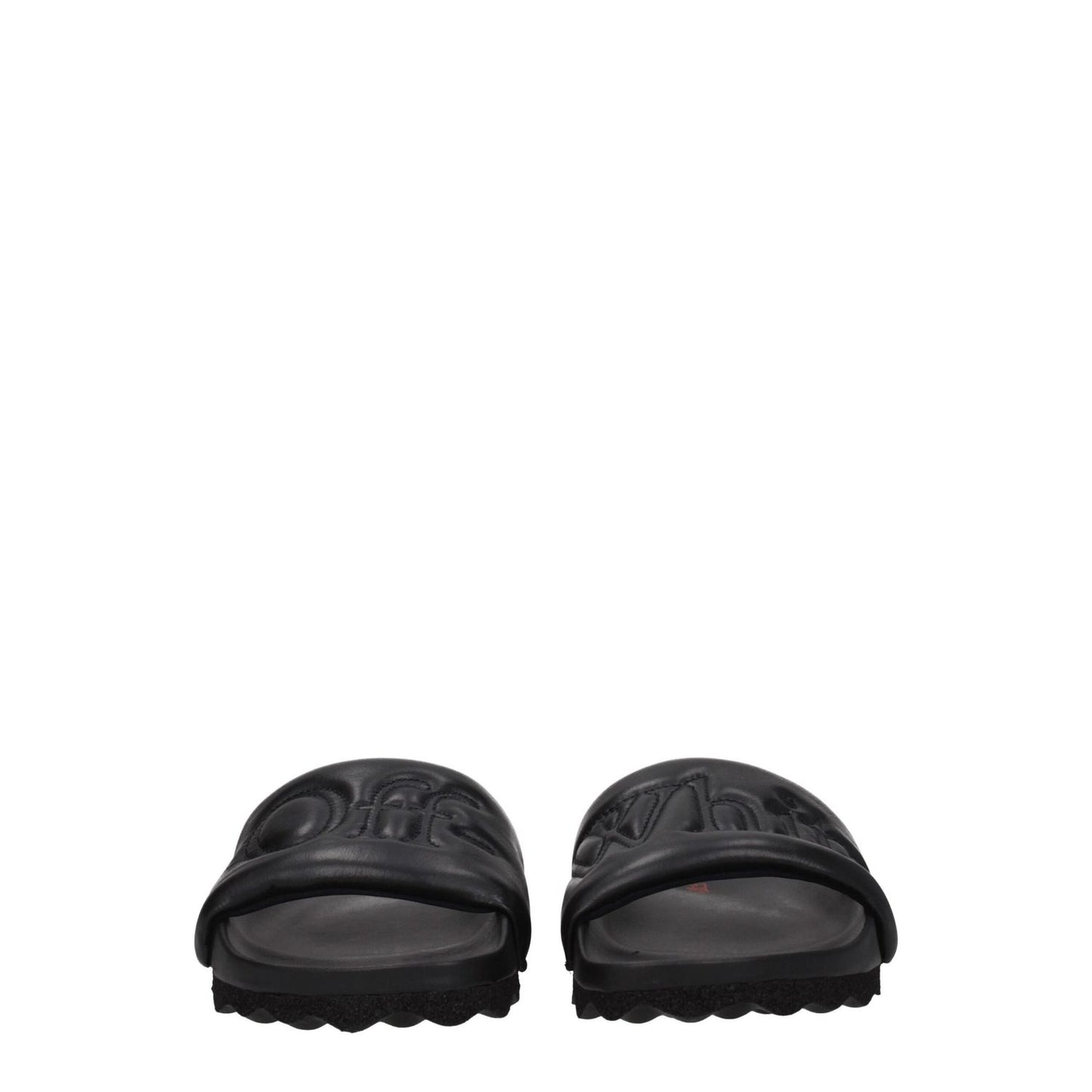 Off-White Black Leather Slippers with front logo, casual style, rubber sole, and round toe, MPN OMIT001LEA0011010