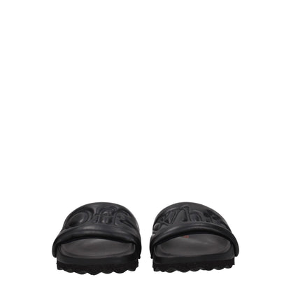 Off-White Black Leather Slippers with front logo, casual style, rubber sole, and round toe, MPN OMIT001LEA0011010