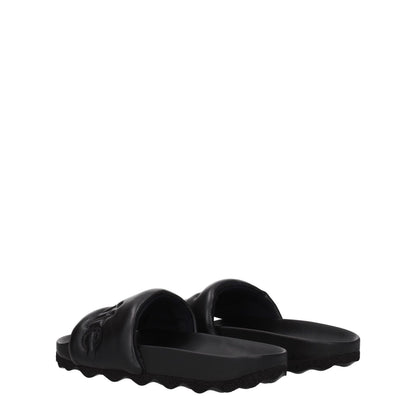 Off-White Black Leather Slippers with logo, casual style, round toe, rubber sole, low heel, MPN OMIT001LEA0011010, new collection not included.