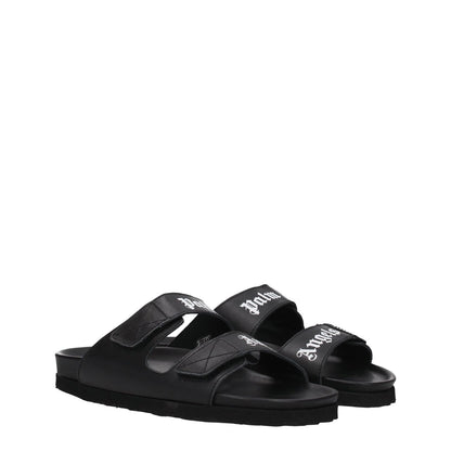 Palm Angels Black Leather Slippers with front logo, casual style, strap closure, open toe, rubber sole, low flat heel.