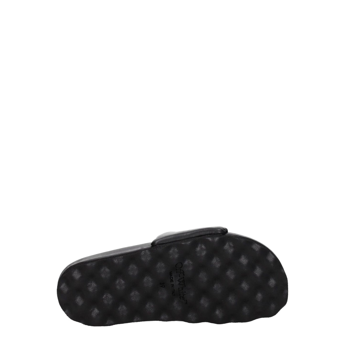 Bottom view of Off-White Black Leather Slippers with rubber sole and round toe design.