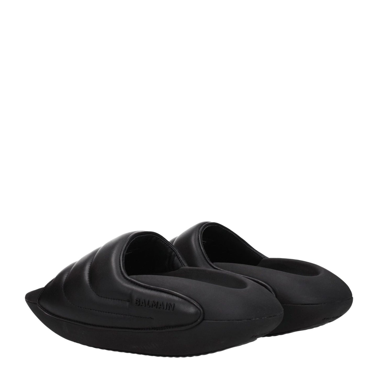 Balmain Black Leather Slippers with side logo, open toe design, 4 cm mid heels, rubber sole, and casual style.
