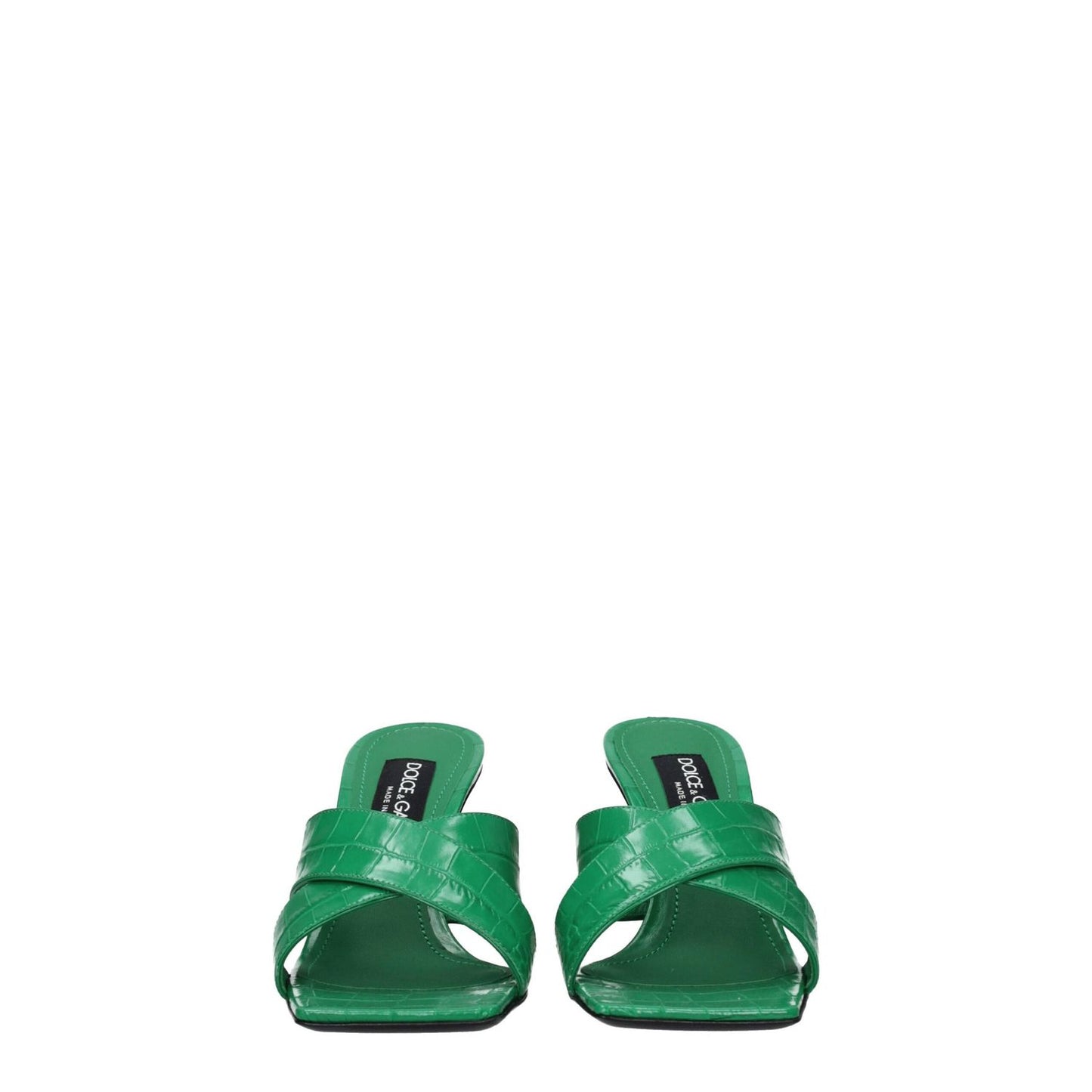 Dolce & Gabbana Green Leather Flat Sandals with mid heels and open toe design, featuring side logo and elegant style.