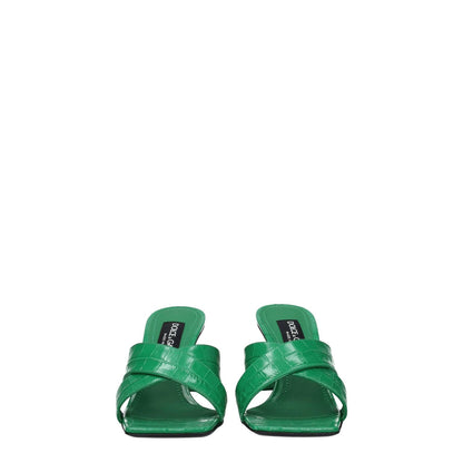 Dolce & Gabbana Green Leather Flat Sandals with mid heels and open toe design, featuring side logo and elegant style.