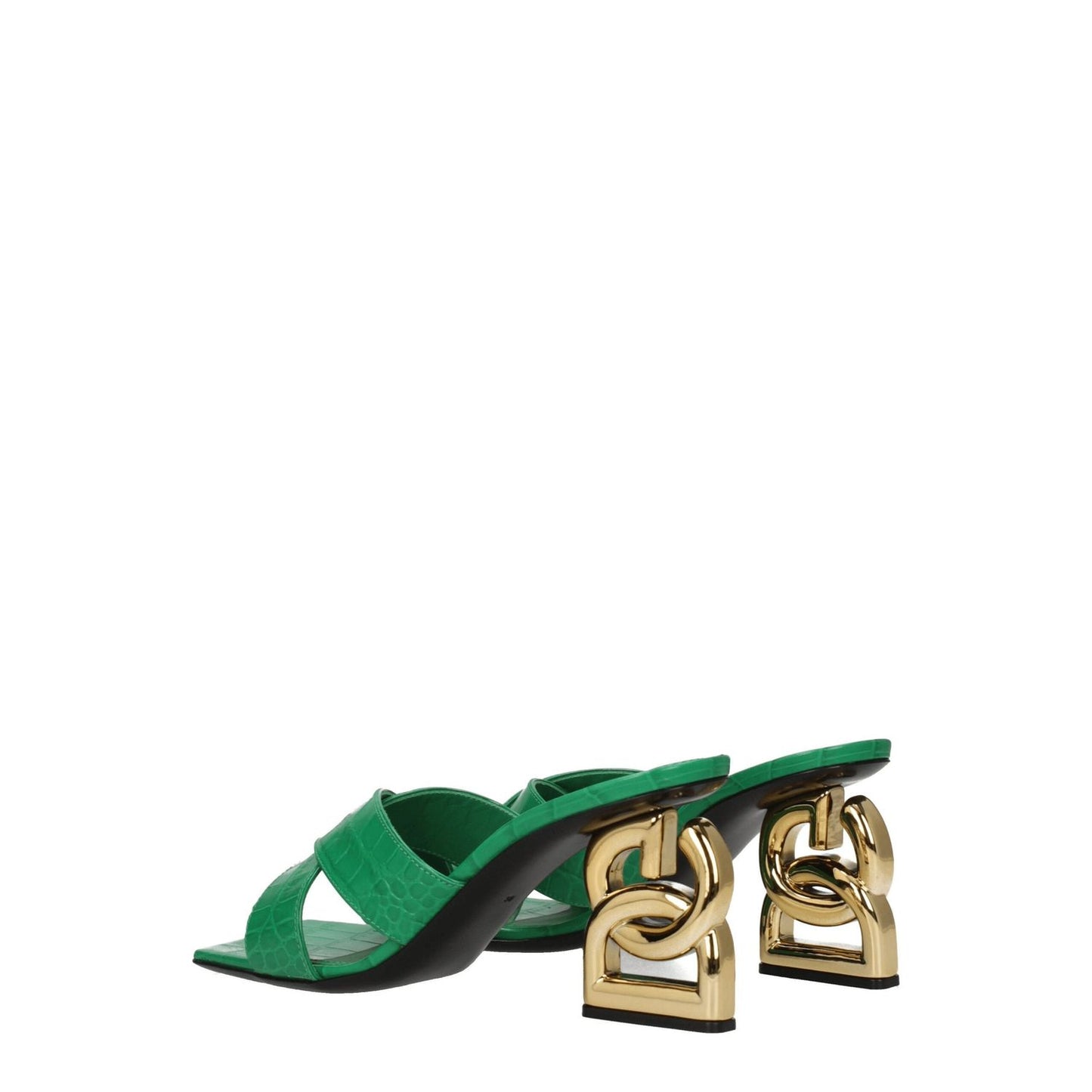 Dolce & Gabbana Green Leather Flat Sandals with open toe and gold mid heels, casual style, side logo detail, leather sole.