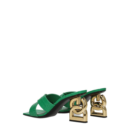 Dolce & Gabbana Green Leather Flat Sandals with open toe and gold mid heels, casual style, side logo detail, leather sole.