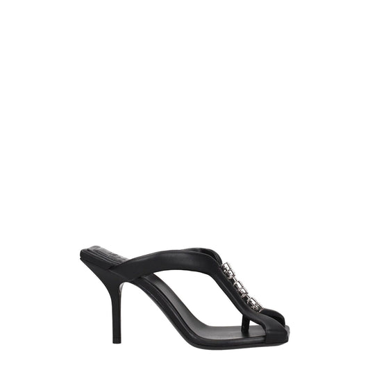 Givenchy Black Leather Stiletto Heel Sandals with silver details, open toe, and high heel, style code BE3077E1LE001.