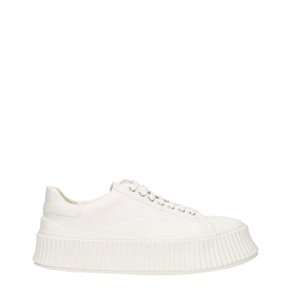 Jil Sander White Fabric Platform Sneakers with 5 cm wedge heel, round toe, lace up closure, and rubber sole. Casual style footwear.