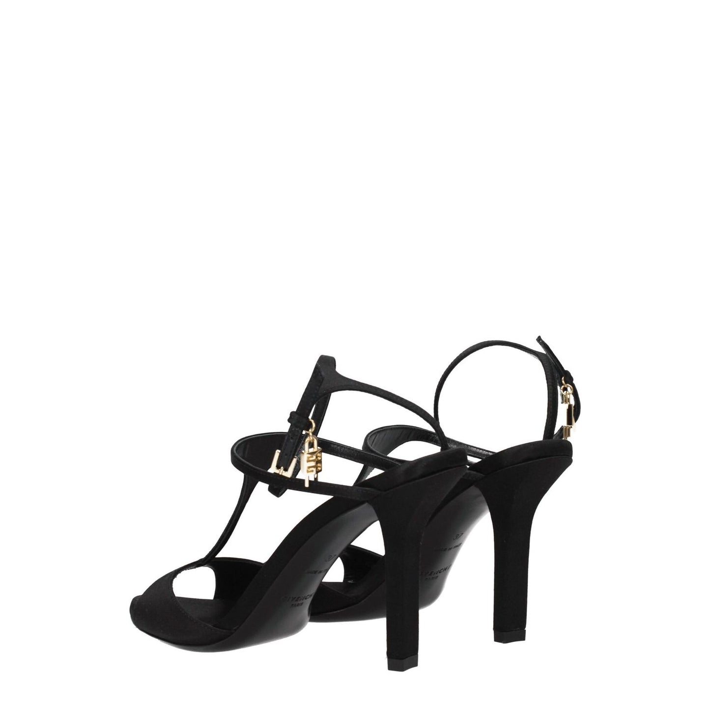 Givenchy Black Satin Stiletto Heel Sandals with gold side logo and buckle closure, featuring a high 9.5 cm heel and open toe design.