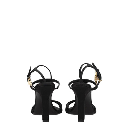 Givenchy Black Satin Stiletto Heel Sandals with buckle closure and leather sole, featuring side logo and gold details.