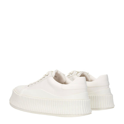 Jil Sander White Fabric Platform Sneakers with 5cm wedge, round toe, and rubber sole, featuring a lace-up closure. MPN: JI32535B15612101.