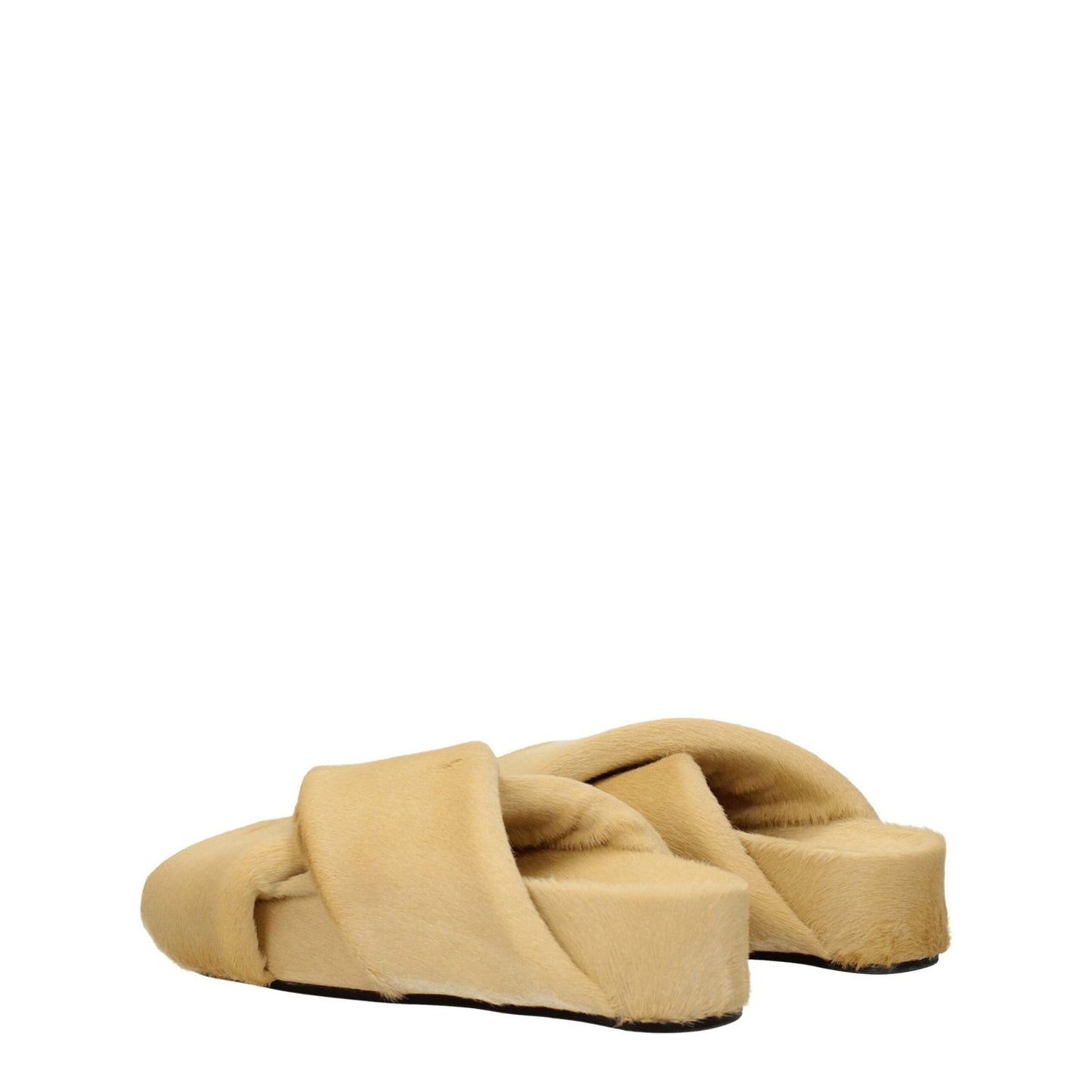 Jil Sander Beige Horsehair Slippers with open toe design and low heel, featuring a vintage effect in beige pony skin and champagne accents.