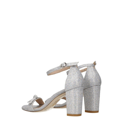 Stuart Weitzman Gray Fabric Platform Sandals with buckle closure and mid heels, featuring open toe design, made from silver fabric and leather sole.