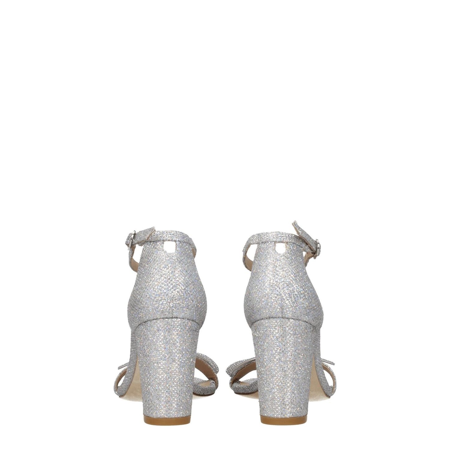 Stuart Weitzman Gray Fabric Platform Sandals with silver finish, buckle closure, and open toe, back view, mid heels, leather sole.