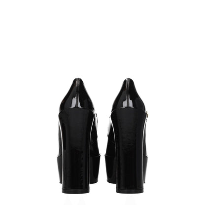 Stuart Weitzman Black Leather Platform Pumps with 14.5 cm heel and buckle closure, rear view of patent leather high heel sandals.