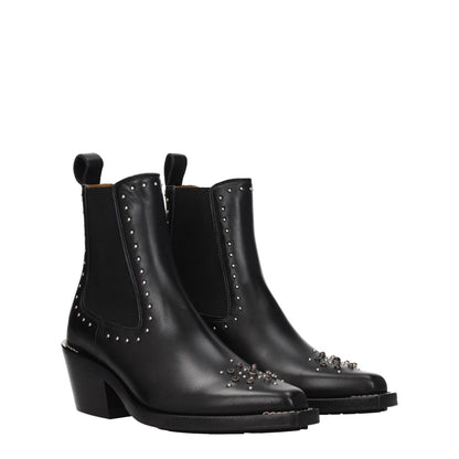 Chloé Black Leather Ankle Boots with studs and stones, featuring square toe and mid heels, perfect for a casual style.