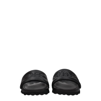 Off-White Black Leather Slippers with logo, open toe, rubber sole, low flat heel. Ideal for casual wear. MPN: OWIT001LEA0011010.