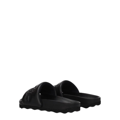 Alt Tag: Off-White Black Leather Slippers with front logo and open toe design made of leather with rubber sole, low flat heel, casual style.