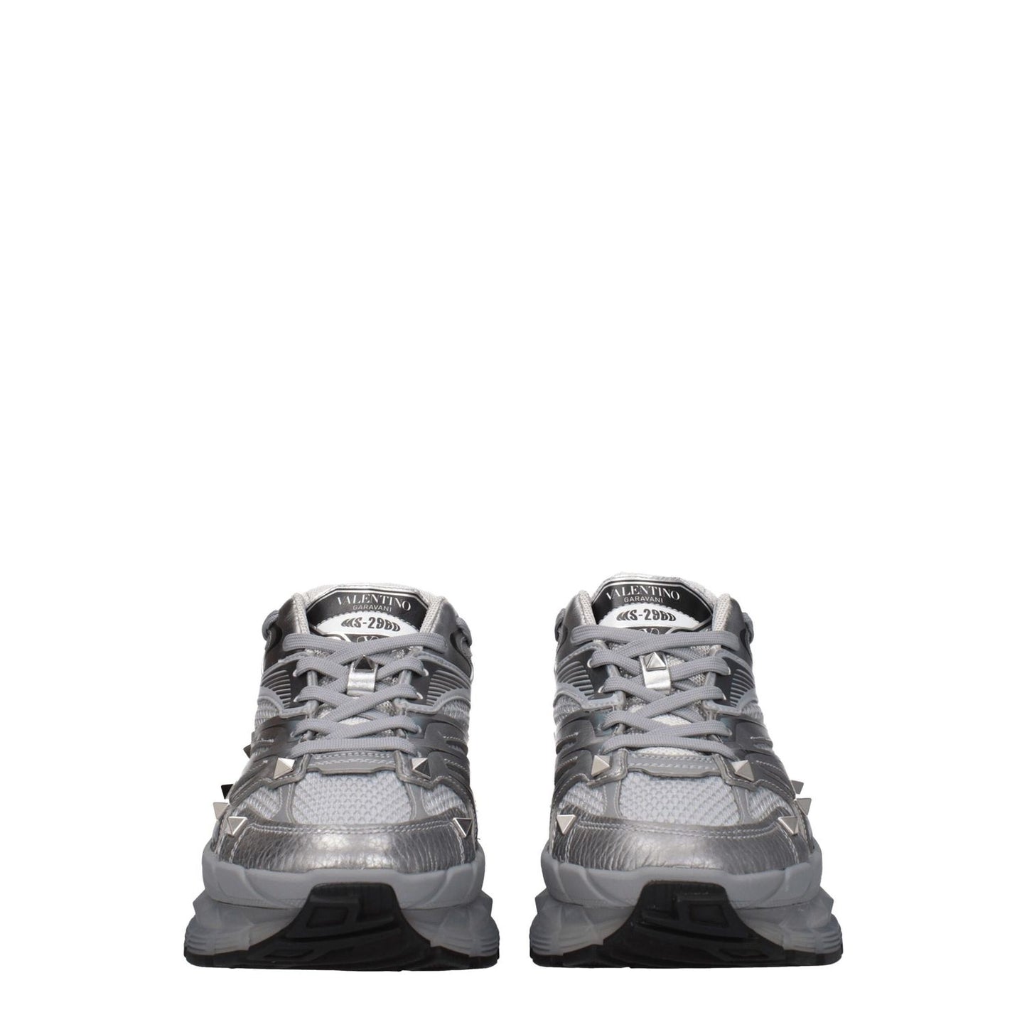 Valentino Garavani Gray Fabric Athletic Sneakers featuring studs, logo, and lace-up closure with round toe and rubber sole.
