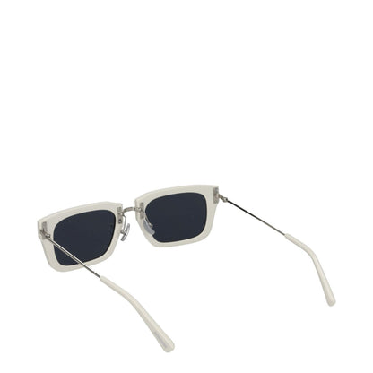 Jacquemus White Acetate Sunglasses, square style with dark lenses and silver accents, featuring 15.5 cm arms and protective case.